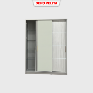 Lemari Pakaian Sliding 3 Pintu - Lemari Baju Minimalis dengan Cermin dan Rak Kaca - Lemari Modern