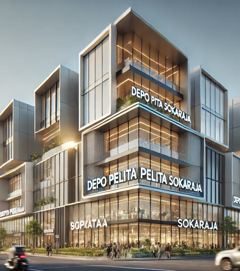 DALL·E 2025-03-26 14.28.28 - A commercial building inspired by Depo Pelita Sokaraja in a modern architectural style. The building has sleek glass facades, minimalist geometric des